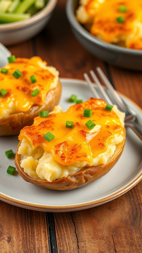 Twice-baked mashed potatoes topped with melted cheese and green onions on a rustic plate.